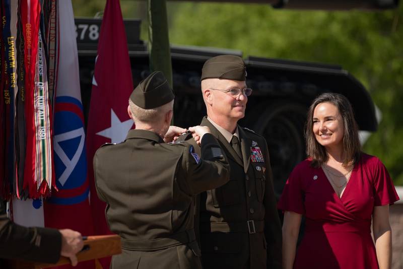 Lt. Gen. Patrick Frank, U.S. Army Central commanding general, promotes Maj. Gen. Henry S. Dixon, U.S. Army Central's Deputy Commanding General, at a ceremony at Shaw Air Force Base, S.C., July 07, 2023. Dixon was promoted to the rank of Maj. Gen. during the ceremony.