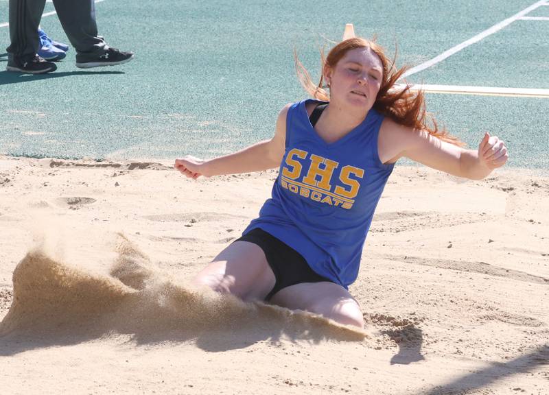 Somonauk's Ella Roberts competes in the long jump during the Class 1A Sectional meet on Thursday, May 14, 2026 at Seneca High School.