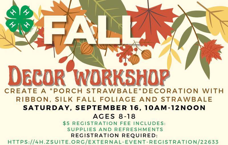 The La Salle County U of I Extension Office will hold a porch straw bale decoration craft event from 10 a.m. to noon on Saturday, Sept. 16 at 1689 North 31st Rd. Suite 2 in Ottawa.
