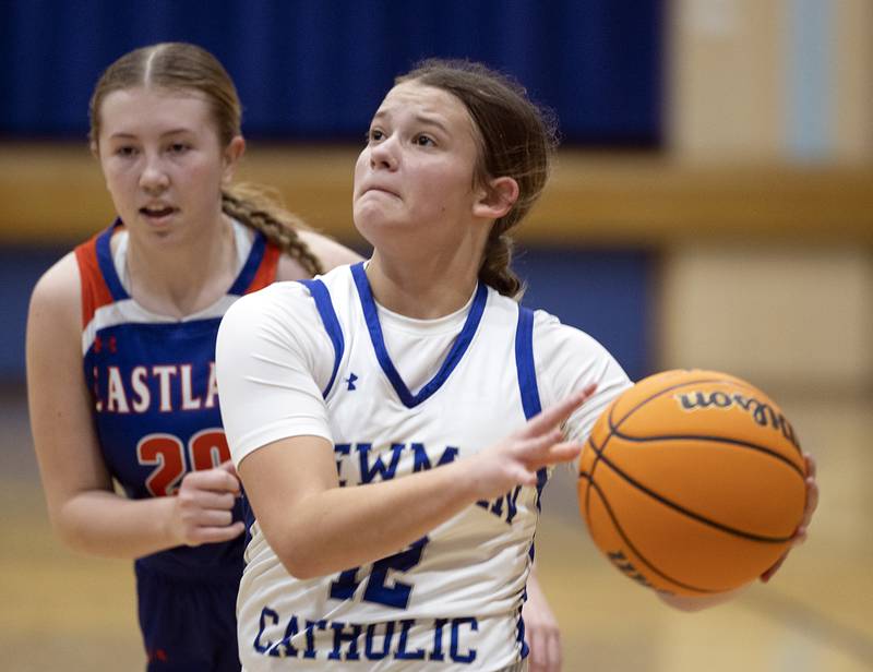 Newman’s Lucy Oetting eyes the hoop against Eastland Tuesday, Jan. 7, 2025, at Newman High School.