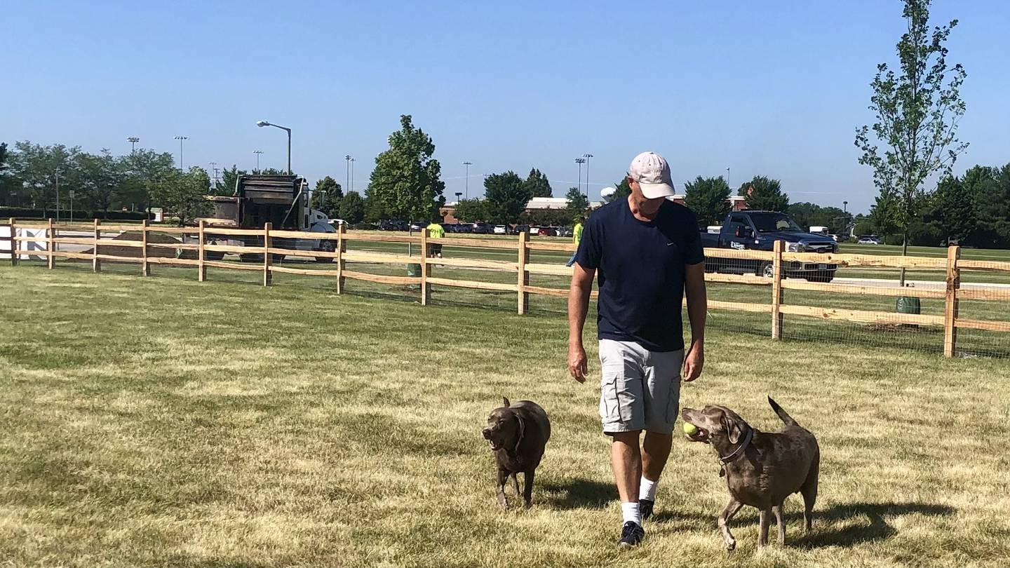 Village President Troy Parlier with his dogs, Aggie and Bella, at the nearly complete Happy Tails Dog Park.