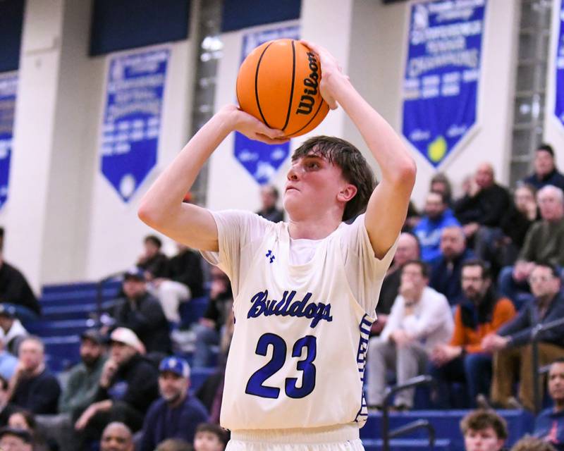 Riverside-Brookfield's Noah VanTholen (23) takes a shot during the game on Tuesday Feb. 3, 2026, while taking on Glenbard East held at Riverside-Brookfield High School.