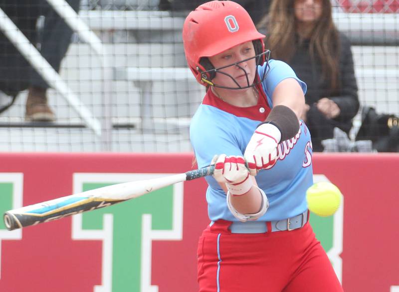 Ottawa's Aubrey Sullivan gets a hit to right field against L-P on Monday, April 21, 2025 at the L-P Athletic Complex in La Salle.