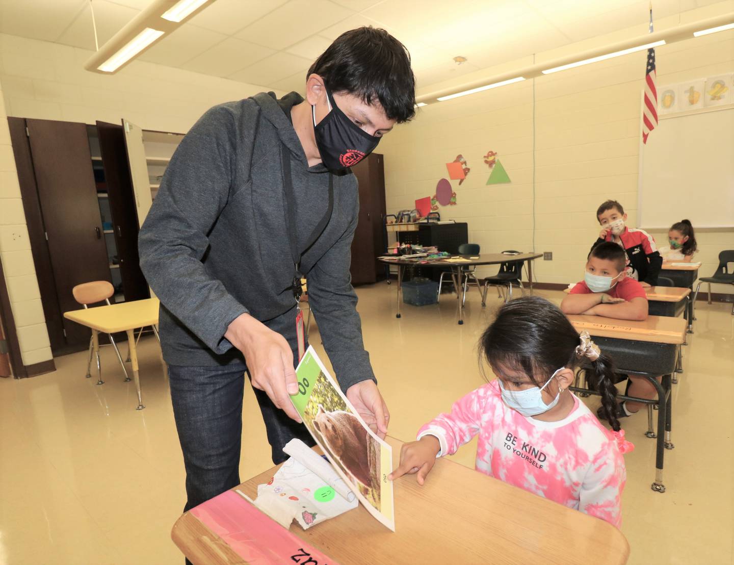 Joliet Public Schools District 86 welcomed three international teachers to the district at the start of the 2021-2022 school year. Augusto Quiroz-Cardenas of Colombia (left) teaches a bilingual kindergarten class at Sator Sanchez Elementary. He is pictured with kindergarten student Brithany Paz Fregozo.