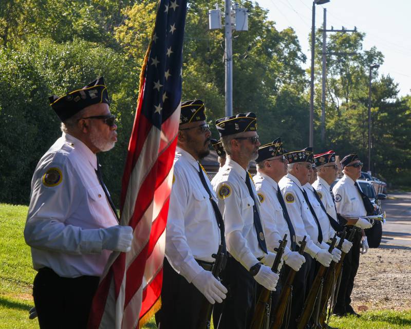 DeKalb’s American Legion Auxiliary stands during a dedication ceremony marking the completion of phase one of the DeKalb Elks Veteran’s Memorial Plaza in DeKalb Saturday, Oct. 1, 2022.