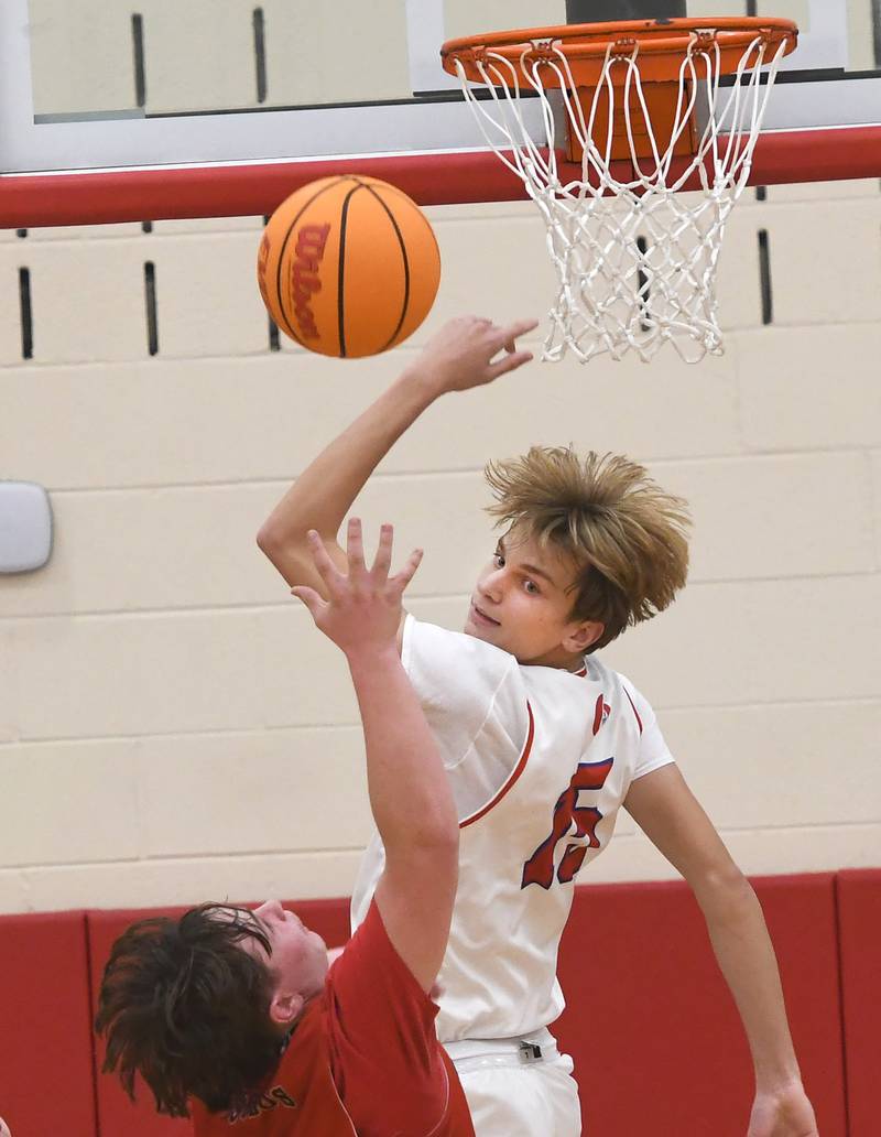 Oregon's Brian Wallace (15) jumps to block a shot against South Beloit on Monday, Nov. 24, 2025 during the Oregon Boys Basketball Thanksgiving Tournament in Oregon.