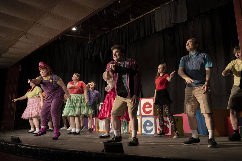 The cast of “Junie B. Jones: The Musical” rehearse a scene Tuesday, Feb. 21, 2023. Shows are performed at the Polo Town Hall, 117 N. Franklin Ave.