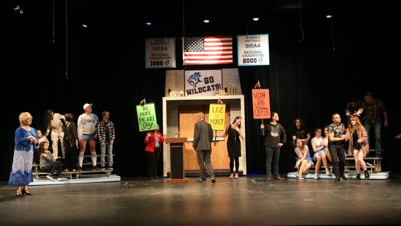 The cast of "The Prom" act out a scene during a rehearsal  on Wednesday, April 19, 2023 at IVCC in Oglesby.