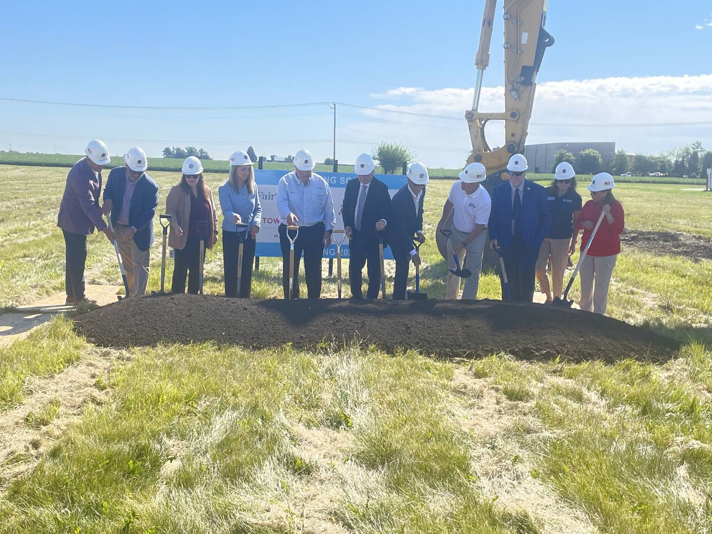 Project leaders join with DeKalb community leaders Tuesday, Aug. 26, 2025, to put shovels to dirt. The groundbreaking ceremony was staged to commemorate the start of construction of a new Marriott-branded hotel in DeKalb.