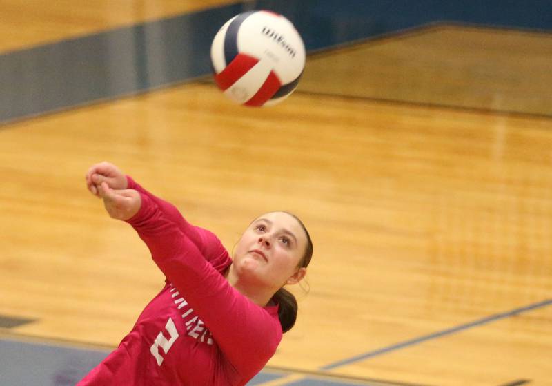 Leland's libero Zoey Holstein returns a serve from Earlville during the Class 1A Regional semifinals on Monday, Oct. 27, 2025 at Somonauk High School.