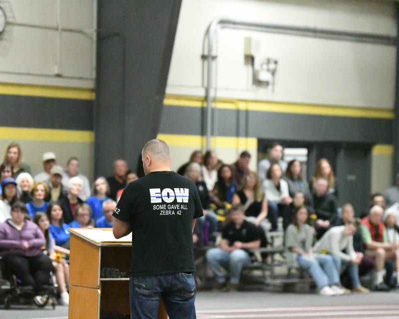 DeKalb County sheriff's deputy Lt. Ryan Pettengell, speaks during a memorial vigil on Saturday, March 29, 2025, to mark one year since the late DeKalb County sheriff's deputy Christina Musil, 35, was killed in the line of duty in a rear-end car crash in Waterman while on patrol on March 28, 2024. The vigil was held at Sycamore High School's field house.