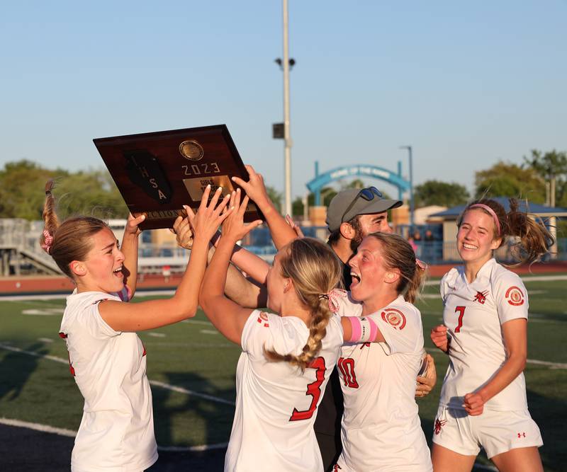 Hinsdale Central celebrate their win during the IHSA Class 3A girls soccer sectional final match between Lyons Township and Hinsdale Central at Reavis High School in Burbank on Friday, May 26, 2023.