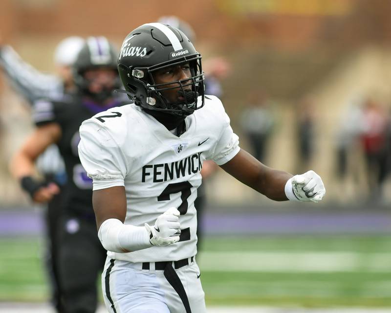Fenwick's Treston Smith (2) reacts after almost getting an interception during the second week class 7A game on Saturday Nov. 9, 2024, while traveling to take on Downers Grove Noth.
