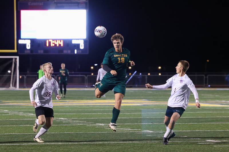 Coal City’s Julian Micetich sends the ball forward with a header during the Coalers' 1-0 victory over Williamsville in the IHSA Class 1A Maroa-Forsyth Super-Sectional on Monday, Nov. 3, 2025.