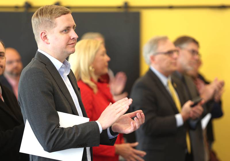 House Republican Minority Leader and State Representative Tom Demmer (R - Dixon) applauds during a press conference Wednesday, April 27, 2022, at the Meta DeKalb Data Center. Meta was announcing the expansion of the current project in DeKalb.