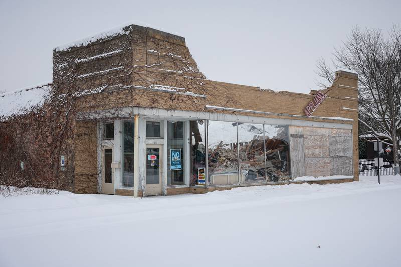 More of the roof and walls fell away the morning of Sunday, Dec. 7, 2025, at Thompson Appliance in Woodstock, according to the Woodstock Fire and Rescue District's Facebook page.