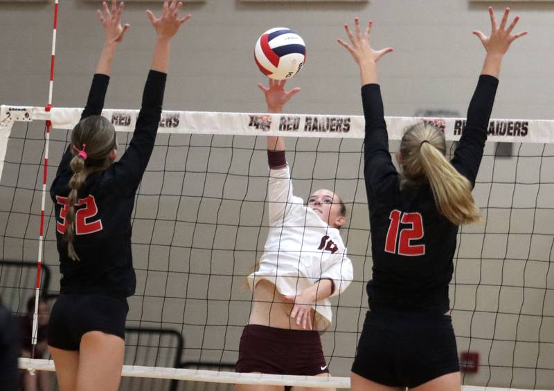 Prairie Ridge’s Addy Grider hits the ball in varsity girls volleyball at Huntley High School in Huntley on Thursday, Sept. 11, 2025.