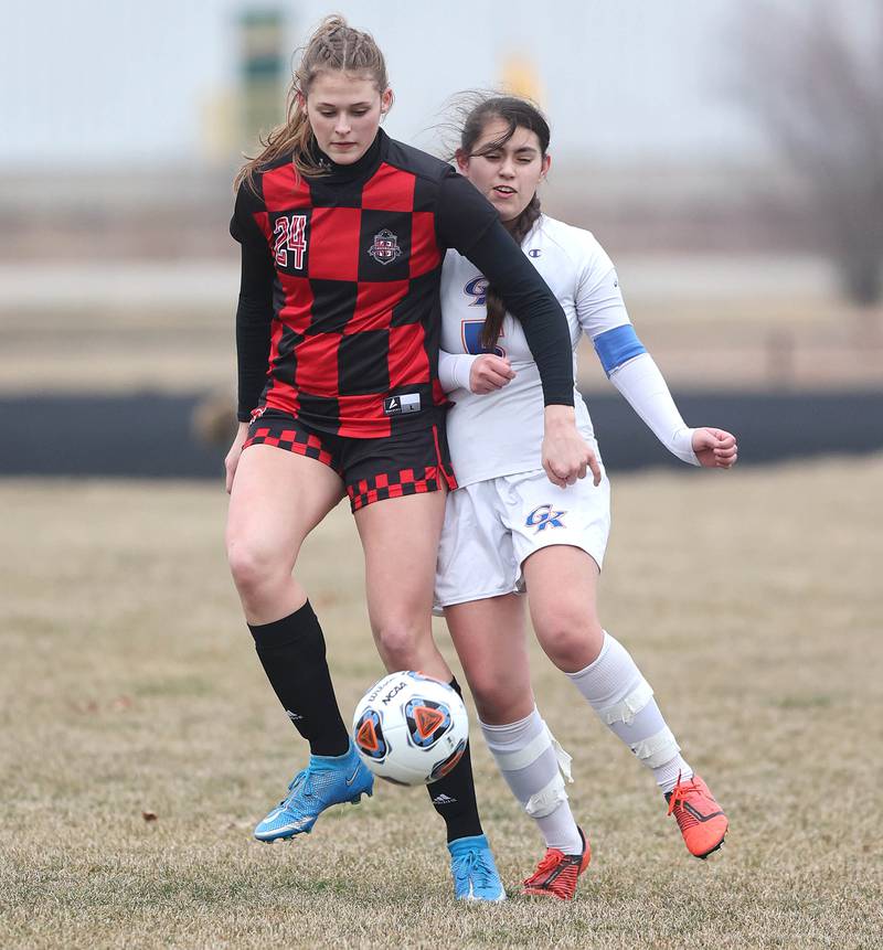 Indian Creek's Crystal Serriteno (left) tries to hold off Genoa-Kingston's Maria Cristina Tinajero during their game Thursday, March 16, 2023, at Pack Park Sports Complex in Waterman.