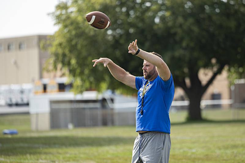 Newman catch Mike LeMay runs through drills during first day of football practice Monday, August 7, 2023.