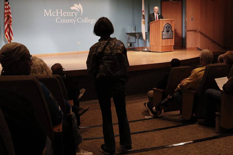 Democratic U.S. Rep. Bill Foster answers a question during a town hall on Wednesday, April 16, 2025, at McHenry County College's Luecht Auditorium in Crystal Lake.