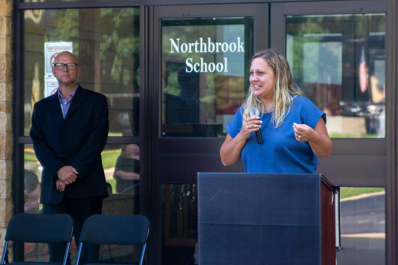 Mendota Elementary School Board President Theresa Komitas speaks about the district's solar plan on Thursday, July 18, 2024, at Northbrook Elementary School.