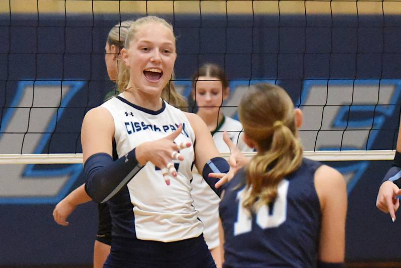 Cissna Park's Josie Neukomm celebrates a Timberwolves point during their home game against Bishop McNamara Wednesday, Oct. 15, 2025.