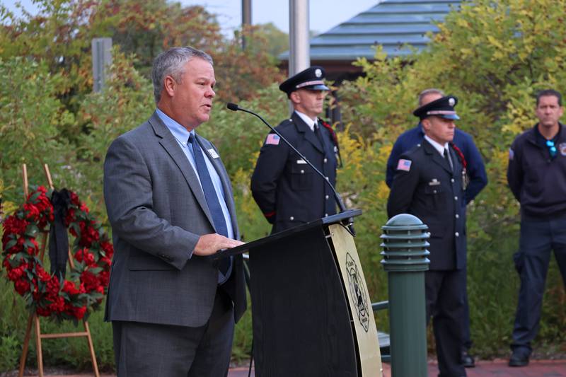 St. Charles Mayor Clint Hull addresses the crowd during the annual 9/11 Remembrance Ceremony at the Memorial Monument in downtown St. Charles on Sept. 11, 2025.