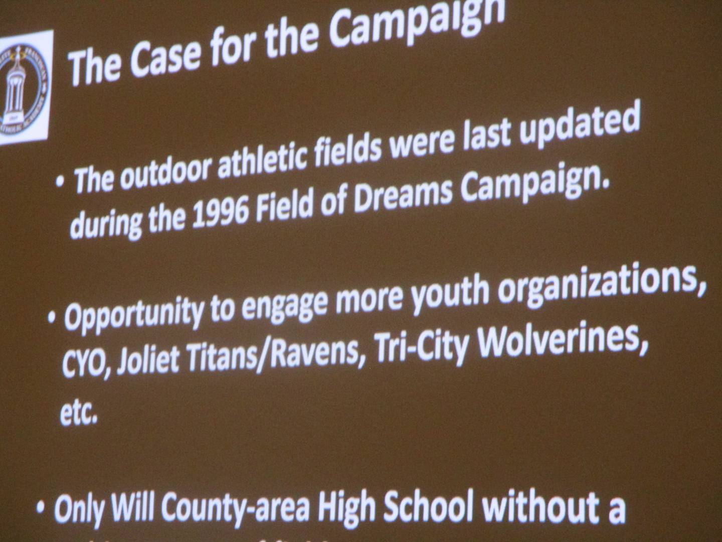 A graphic presented at the Joliet Catholic Academy community meeting on Wednesday shows goals for the current capital campaign. Sept. 24, 2025