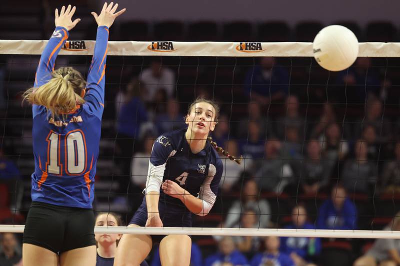 IC Catholic’s Ava Falduto eyes a kill fall for a point against Genoa-Kingston in the Class 2A championship match on Saturday in Normal.