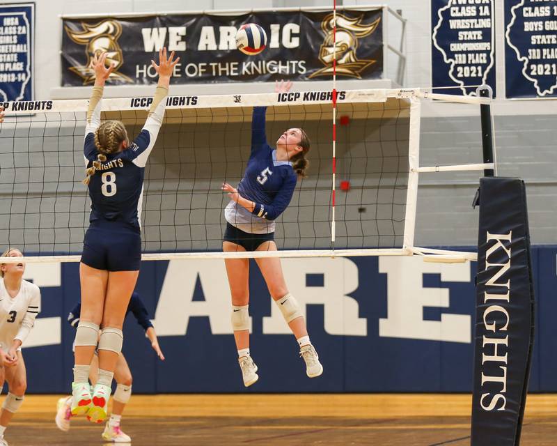 Nazareth's Beth Surowiec (5) spikes the ball during volleyball match between Nazareth at IC Catholic Prep.  Aug 29, 2023.
