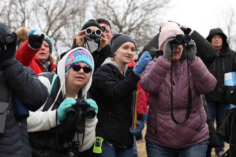 Interpretive Naturalist Alexis Lyons, center, helps a group of people spot the American White Pelican during a hiking tour at the Four Rivers Environmental Education Center’s annual Eagle Watch program in Channahon.