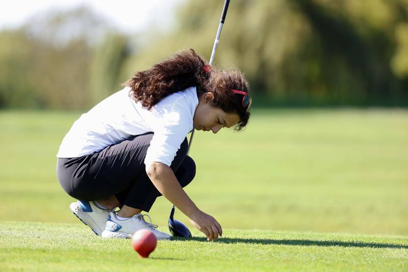 Madelyn Maldonado of Benet Academy,  during the IHSA Class 2A West Chicago girls golf regional at St. Andrews Tuesday, Oct. 1, 2024 in West Chicago.