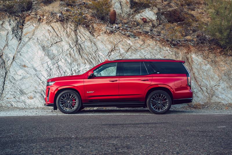 Driver’s side exterior shot of the 2023 Cadillac Escalade-V in Radiant Red.