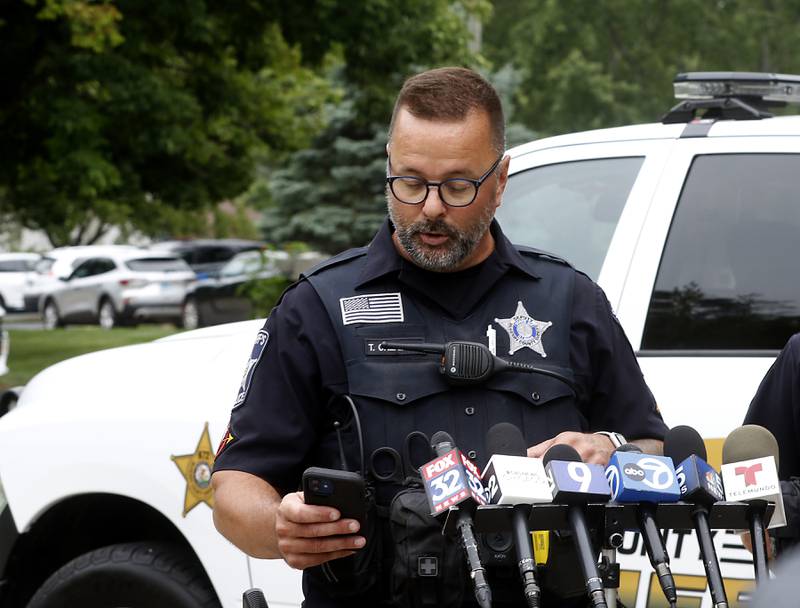 Tim Creighton, from the McHenry County Sheriff's office, (left) and Chief of Operations Mike Muraskey give an update on a domestic incident in which four people were killed on Wednesday Aug. 9, 2023, in the 5800 block of Wild Plum Road in unincorporated Crystal Lake. Police later said they were family members.