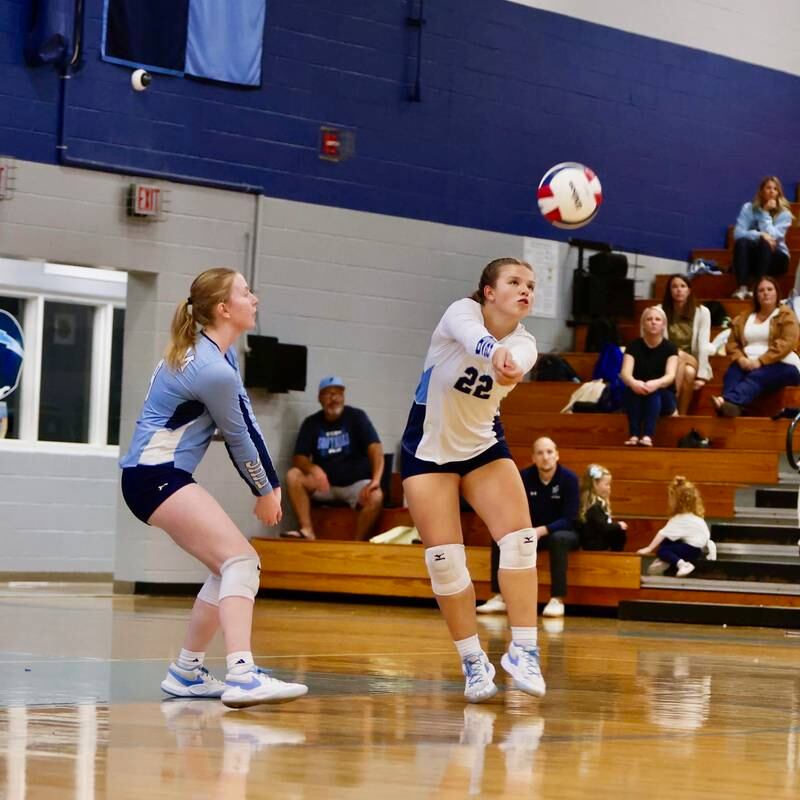 Senior libero Emily Wright makes a pass for Bureau Valley in Thursday's match at the Storm Cellar vs. Mendota. The Storm won in three sets.