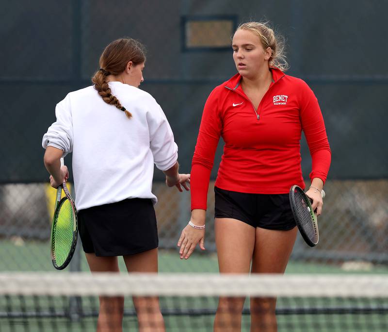 Benet AcademyÕs Shane Delaney & Clare Lopatka celebrate a point during the 1A Doubles Final match at the IHSA State Tennis Finals Saturday October 21, 2023 in Buffalo Grove.