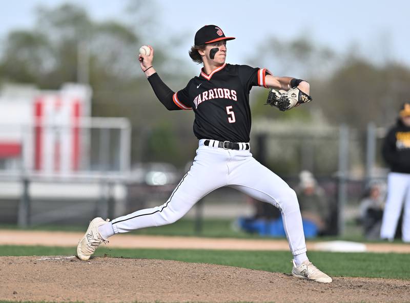 Lincoln-Way West's Lucas Acevedo winding up to throw a pitch during the non-conference game against Joliet West against  on Friday, April. 19, 2024, at Joliet.