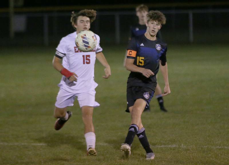 Earlville's Trent Fruit and Somonauk's Luke Rader race toward the ball in the Little Ten Conference championship game on Thursday, Oct. 5,  2023 at Hinckley High School.