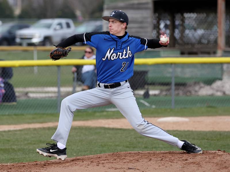 St. Charles North's Emerson Miller delivers a pitch during their game against Sycamore Thursday, April 10, 2025, at the Sycamore Park District Sports Complex.