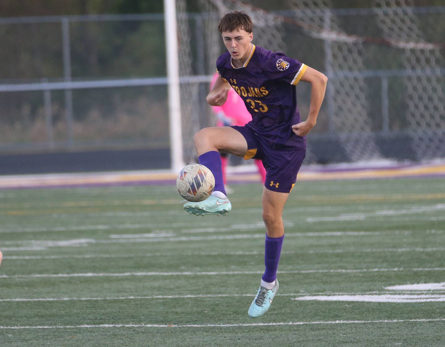 Mendota's Alex Beetz kics the ball up the field during the Three Rivers Tournament on Thursday, Oct. 2, 2025 at Mendota High School.