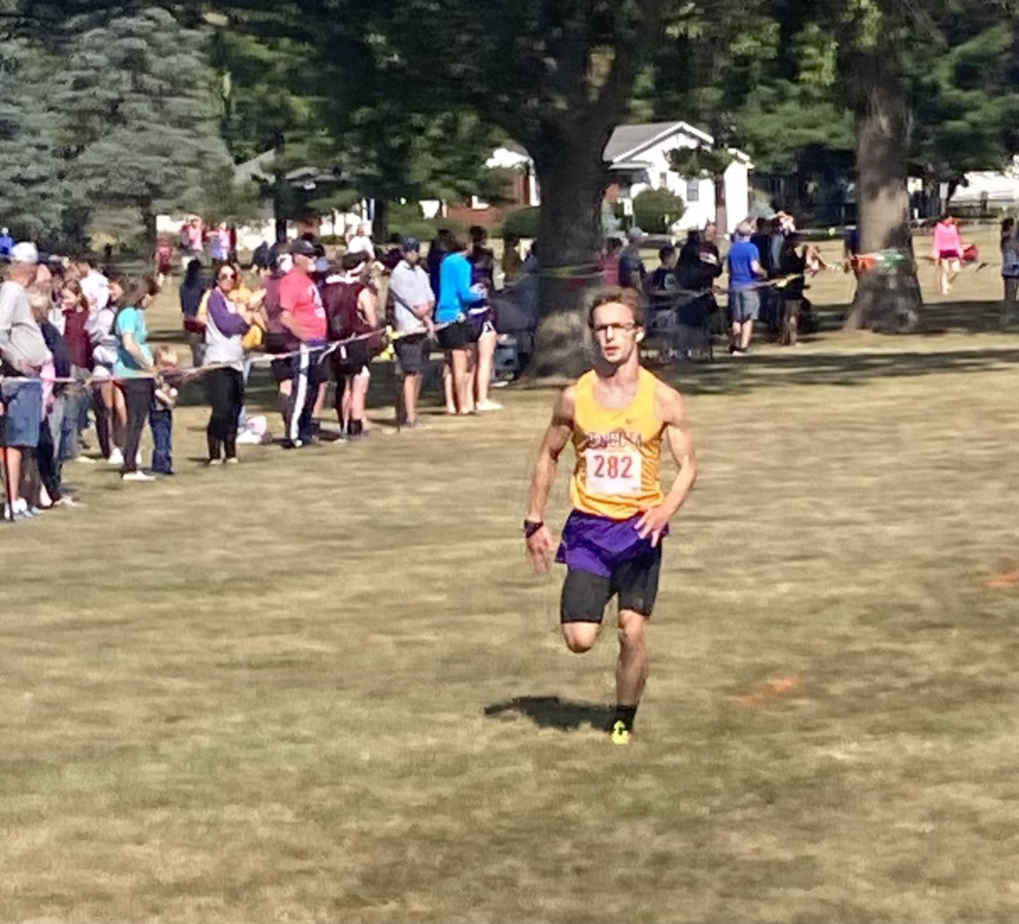 Mendota's Anthony Kelson races to the finish line to win Saturday's Gary Coates Invitational at Zearing Park.