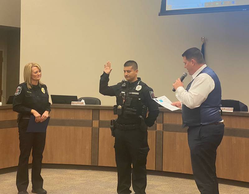 Officer Anthony Montiel is sworn-in during Monday nights City Council Meeting