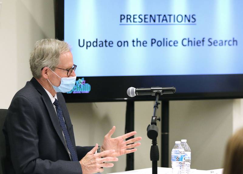 DeKalb City Manager Bill Nicklas talks about Illinois State Police Col. David Byrd during the DeKalb City Council meeting Monday where Byrd was named the city's next police chief.