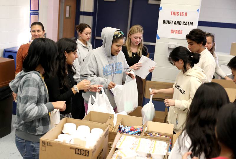 Students at Downers Grove South High School pack bags of food as part of the Blessings in a Backpack program on Monday, Nov. 13, 2023. The program will provide meals for 200 food insecure students in Downers Grove Grade School District 58 who won't have access to school meals during the upcoming Thanksgiving break.