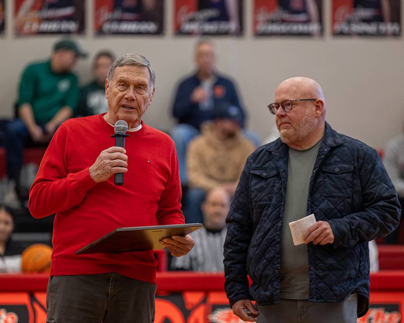 Former coach Gary Carruthers inducts Jimmy Thompson into the 2026 Hall High School Hall of Fame on Saturday, January 31, 2026 at Hall High School in Spring Valley.