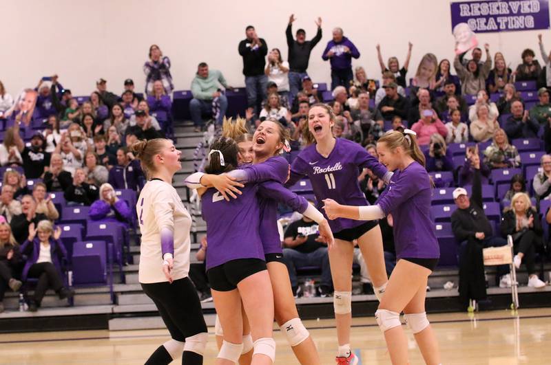 Rochelle volleyball players celebrate their win over Ottawa on Oct. 23, 2025.