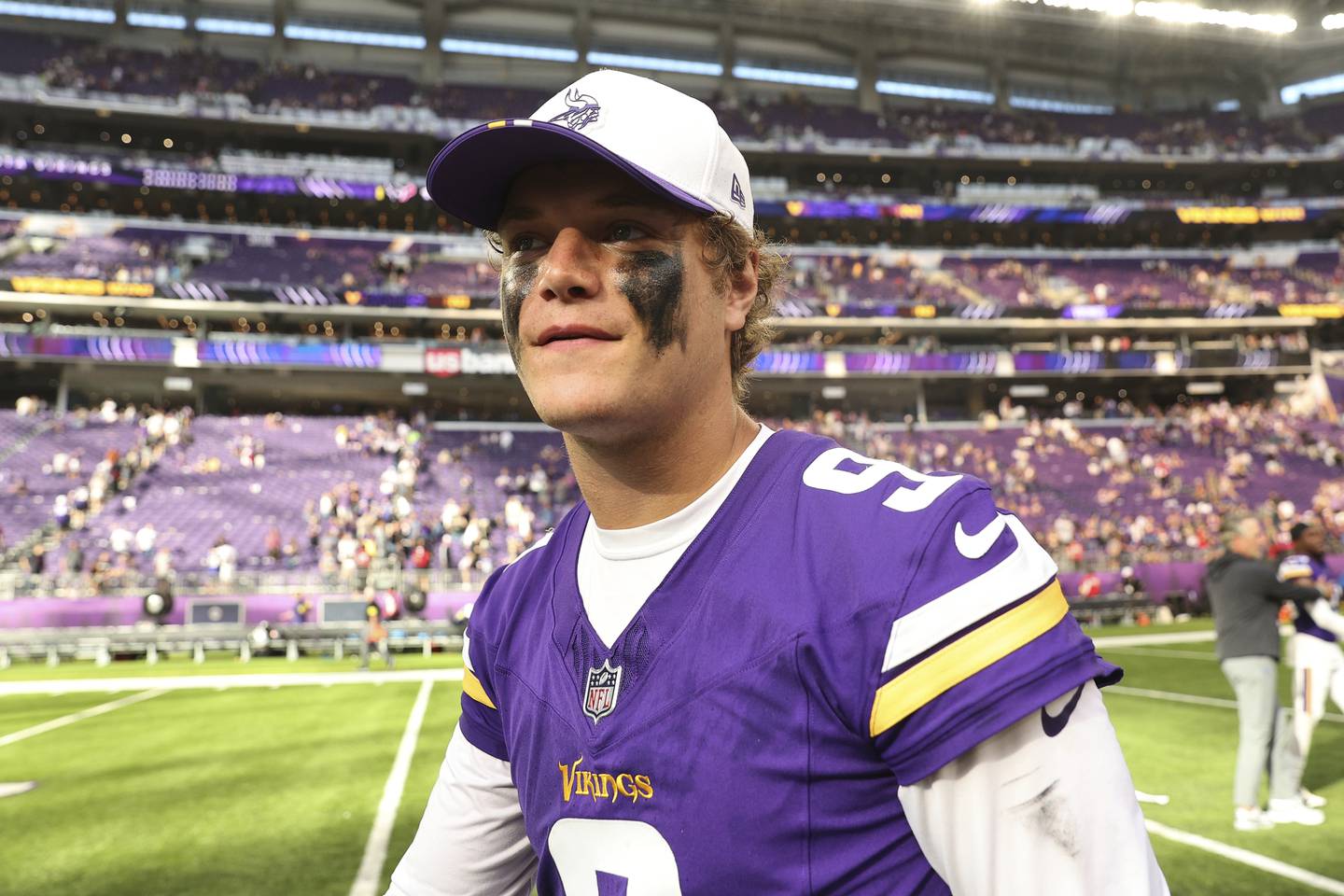 Minnesota Vikings quarterback J.J. McCarthy leaves the field after an NFL preseason football game against the Houston Texans, Saturday, Aug. 9, 2025, in Minneapolis. (AP Photo/Matt Krohn)