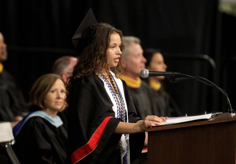 Batavia High School graduation Elizabeth Paige Barter addresses her classmates during the school’s 2023 commencement ceremony at Northern Illinois University in DeKalb on Wednesday, May 24, 2023.