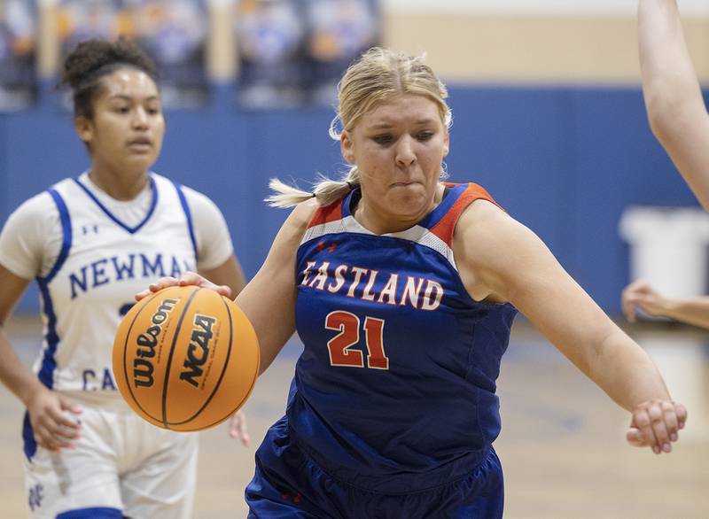 Eastland’s Olivia Klinefelter drives to the hoop against Newman Tuesday, Jan. 7, 2025, at Newman High School.