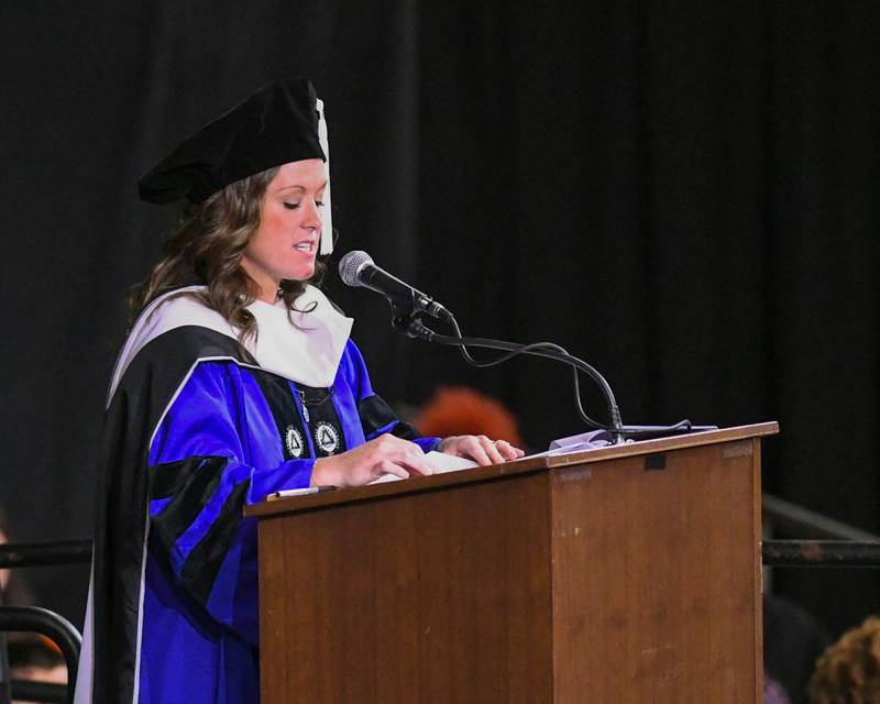 DeKalb High School principal DR. Donna Larson gives the commencement address on Saturday May 24, 2025, during the graduation ceremony held at the Convocation Center in DeKalb.